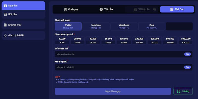 Nạp tiền Tin88 bằng thẻ cào tính chiết khấu